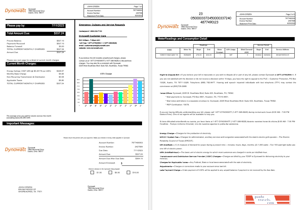 New York  Dynowatt electricity utility bill Word and PDF formats